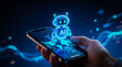 © unairakstudio - A hand holds a mobile phone displaying a glowing AI bot hologram and a digital world map, symbolizing Artificial Intelligence's global reach and its application in international business on the intern
