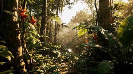 Wall Mural - ﻿slow dolly shot through dense tropical jungle foliage with sun dapples and shallow depth of field o