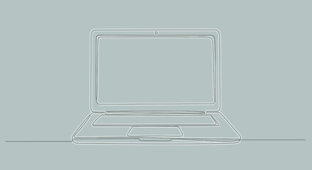 Minimalist one line drawing of a laptop computer on a plain background displaying simplicity and