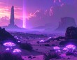 © Than - Surreal and otherworldly landscape featuring glowing mushrooms and a violet sky