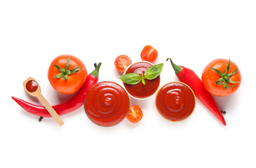 Wall Mural - Bowls with tasty ketchup and ingredients isolated on white background