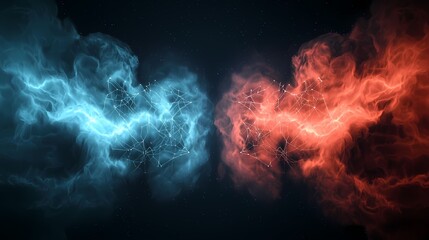 Wall Mural - The image displays a cosmic scene featuring a blue, nebulous cloud colliding with a red one, the two connected by an array of white lines and stars, creating a sense of dynamic energy.