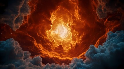 Wall Mural - The image shows a majestic view looking upward into the center of a swirling, orange nebula, framed with wispy blue and white clouds, evoking a sense of awe and celestial wonder.