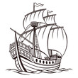 © md ruhul11 - Vector art of detailed black and white illustration of a majestic galleon, showcasing its multiple masts, billowing sails, and intricate rigging, reminiscent of historical seafaring adventures