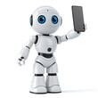 © jamal - A small white robot with blue eyes holding a black smartphone up against a white background in a studio