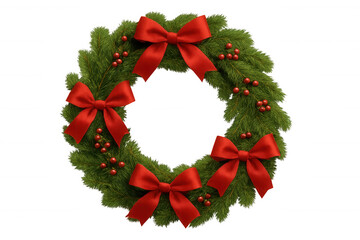 Wall Mural - Christmas wreath with green pine branches, red bows, and berries on transparent background, symbolizing winter holidays