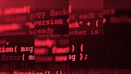 Wall Mural - Close up of computer screen with red programming code, glitch distortion and digital noise, futuristic hacker background, system error, data corruption and cybersecurity concept. Software hack