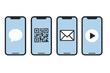 © Marion - Social media smartphone icons set with message, QR code, email envelope, and play button symbols, modern mobile interface digital communication vector illustration