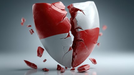 Heart shaped object breaking apart with scattered fragments showcasing a bold red and white color contrast