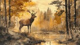 Solitary red deer standing by a river in autumn forest