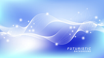Wall Mural - Abstract background of future technology concept. Gradient blue background with shining wave and plexus lines ornament. Design for presentation, banner, poster science and technology background.
