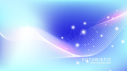 Wall Mural - Abstract background of future technology concept. Gradient blue background with shining wave and plexus lines ornament. Design for presentation, banner, poster science and technology background.