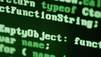 Close up of computer monitor screen with green programming code, hacker background, software development, cyber security, coding technologies and digital innovation concept