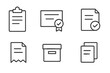 © Stephany - Document management and file workflow line icon set. Vector collection of outline symbols like clipboard, approved certificate, accepted paper, invoice, and archive box.