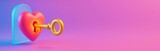 Heart-shaped lock and golden key on vibrant gradient background with empty copyspace for romantic or emotional design concepts and banners. Ai generative