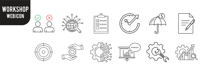 Professional workshop line icons set. Business, Training, Productivity, Goal, Technology, and Teamwork Symbols for Web and Presentation Design.
