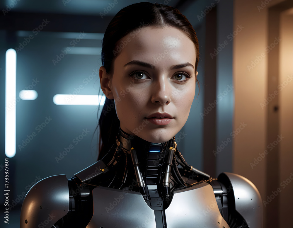 Futuristic Humanoid Robot With Glowing Blue Eyes In High-Tech Lab ...
