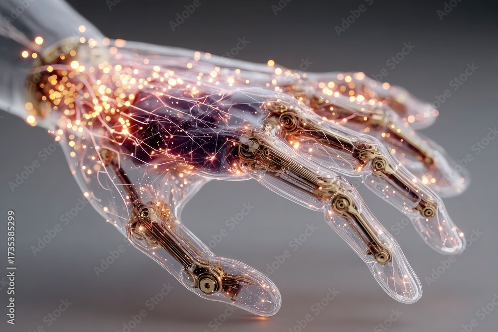 Translucent Power Hand A translucent robotic hand with golden joints and glowing neural ...