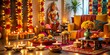 © polash27 - Diwali festival decoration with Diyas, flowers, and Indian god statue, creating a warm and festive atmosphere.
