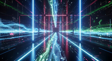 Wall Mural - Abstract Digital Corridor with Blue and Green Light Streams and Rectangular Frames background