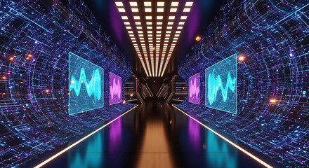 Wall Mural - Futuristic Digital Corridor with Waveform Screens and Neon Lights abstract background