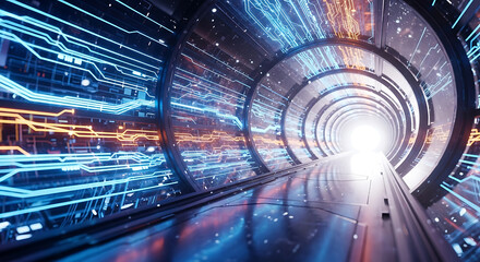 Wall Mural - Futuristic glowing digital tunnel with circuit board patterns and light image photo