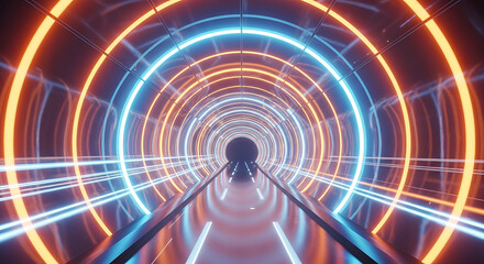 Wall Mural - Neon tunnel with concentric orange and blue glowing rings and light streaks image photo