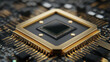 © Ruksana - Close up of a central processing unit with golden accents and black background motherboard details
