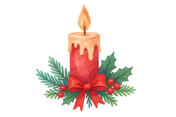 Wall Mural - Christmas candle artwork with burning flame, red bow, holly leaves, pine branches, and berries, transparent background