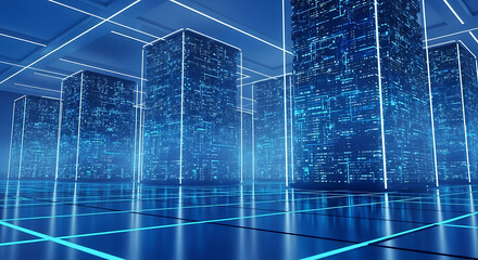 Wall Mural - Abstract digital cityscape of glowing blue server towers on a grid floor image photo