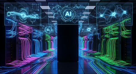 Wall Mural - AI data center with colorful cables and holographic AI displays artificial intelligence