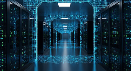 Wall Mural - Digital data hallway in a blue illuminated server room data center technology