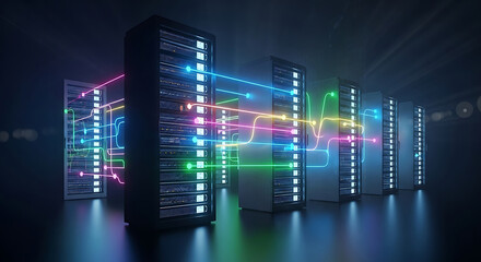Wall Mural - Server Racks Connected by Colorful Light Beams in Dark Room data center server room