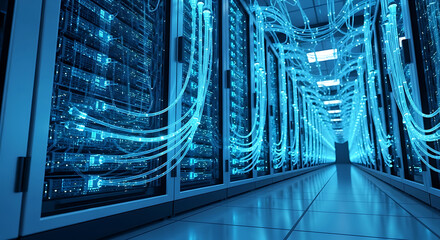 Wall Mural - Server room with glowing blue fiber optic cables and data racks data center technology