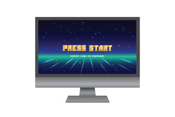 Wall Mural - PRESS START. pixel art .8 bit game. Retro Futurism Sci-Fi Background. glowing neon grid on PC monitor background.