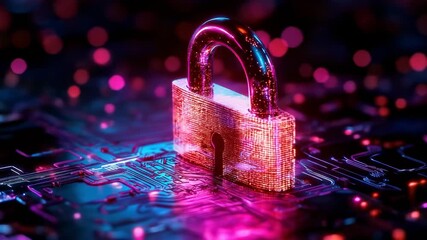 Digital padlock on futuristic circuit board