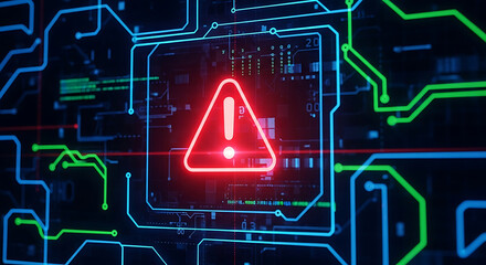 Wall Mural - Futuristic Circuitry with Red Warning Symbol and Data Streams technology alert