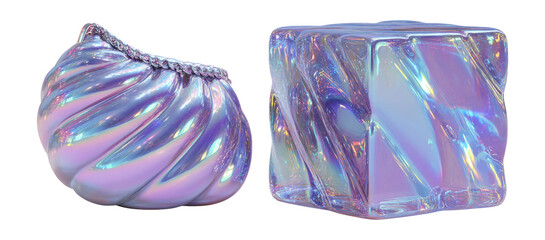 Iridescent Swirled Bag and Cube with Glossy Finish on Transparent Background