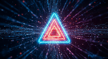 Wall Mural - Neon Blue and Red Triangle Symbol with Digital Network and Binary Code image photo