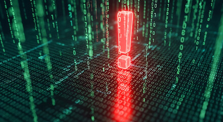 Wall Mural - Red Exclamation Mark Symbolizes Danger in Digital Binary Code Matrix alert warning