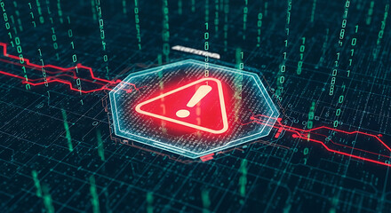 Wall Mural - Red Exclamation Mark in Octagon Warning Symbol with Digital Matrix and Graph alert danger