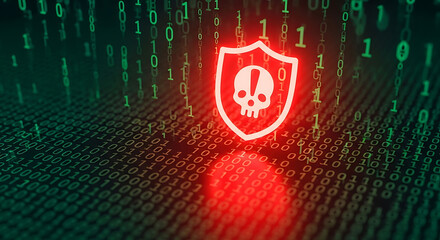 Wall Mural - Red Shield With Skull And Exclamation Mark Over Green Binary Code alert warning