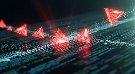 Wall Mural - Red Triangular Objects Moving Over Digital Code and Data Streams triangle
