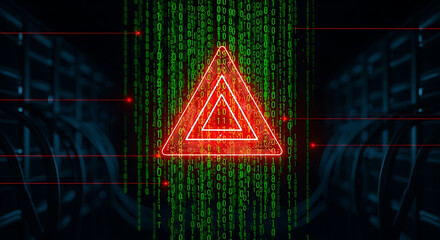 Wall Mural - Red Warning Triangle Surrounded By Falling Green Binary Code And Server Racks alert danger