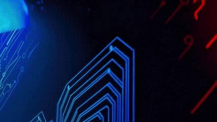 Blue and orange electronic networks moving across a dark digital cyberspace background. Visualizing computer hardware innovation and complex information systems technology. Futuristic, abstract, scifi