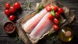 © mila103 - Slices of fresh fish fillets are placed next to vibrant red tomatoes and aromatic herbs on a rustic wooden board. Olive oil and spices complement the ingredients, ideal for a healthy meal.