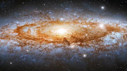 Wall Mural - Spiral galaxy with bright center, dusted bands, and starry background