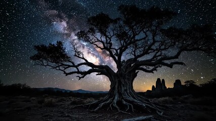 Wall Mural - Cinematic dolly shot slowly approaches an ancient, gnarled tree silhouetted against the brilliant, swirling band of the Milky Way nature, timeless, nightscape
