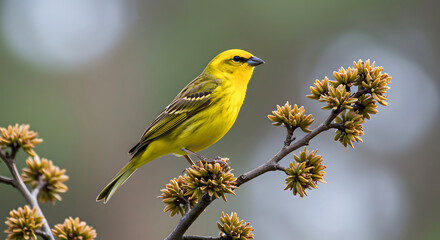  A vibrant yellow finch with detailed plumage perches gracefully on a budding tree branch in a serene outdoor setting with a soft focus background