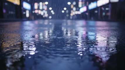 Wall Mural - A wide-angle, low-shot perspective of rain accumulating in small street puddles, reflecting blurry overhead streetlights and neon glows cinematic, advertising, motion
